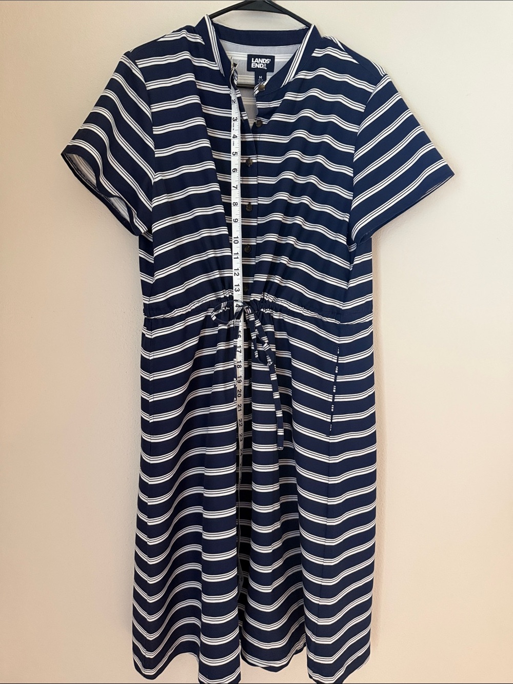 Lands' End Navy & White Striped Button-Front Midi Dress